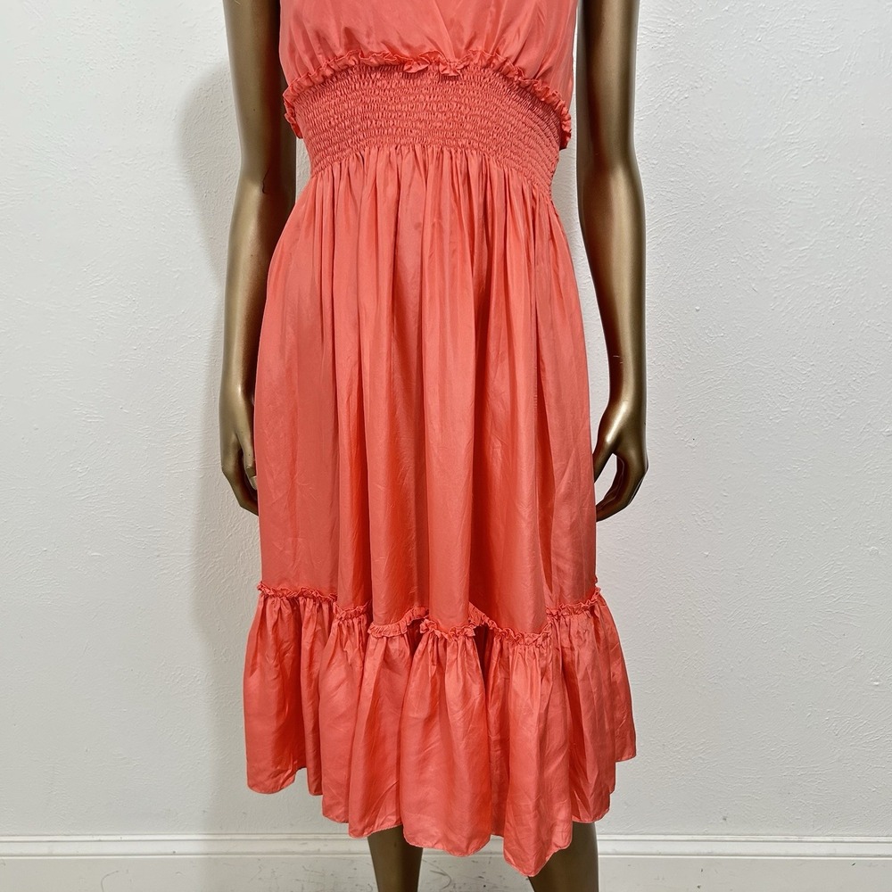 BCBG Maxazria Halter Dress Sz XS 100% Silk Coral Tiered Wedding Guest Party Midi - Picture 3 of 10
